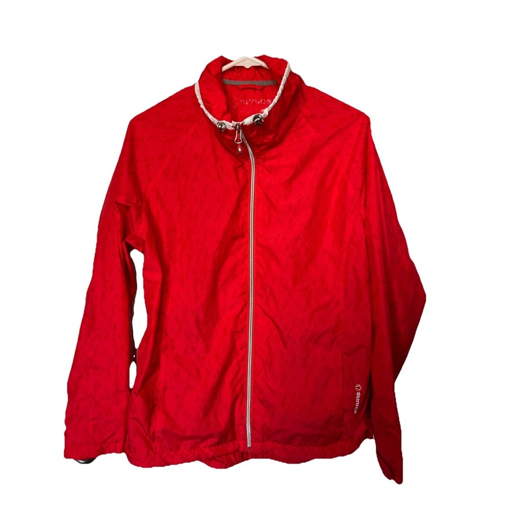 Sunice Windbreaker Jacket Womens M Red Sport Full‎ Zip Geometric Cinch Back Golf